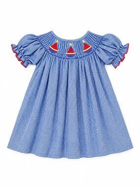 Banana Split Girls Blue Gingham Smocked Sailboat Dress 18-24M 2Y